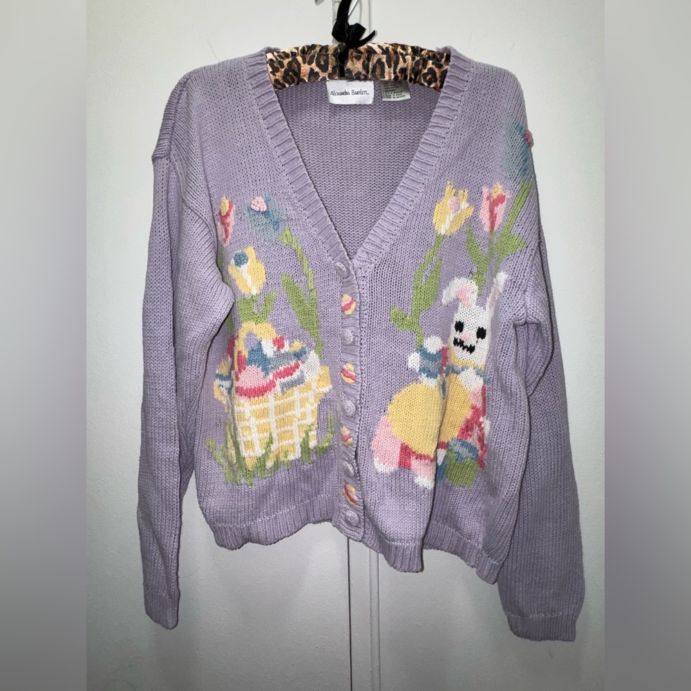 Alexandra Bartlett Purple Ramie Easter Cardigan Sweater Size L Vintage 90’s Rare